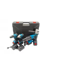 Trusa 4 piese cu 3 ACUMULATORI, autofiletanta, rotopercutor, polizor unghiular, bormasina impact, 24V, 4Ah