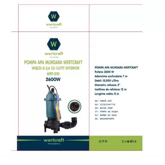 Pompa apa murdara DDT cu tocator exterior si flotor, 2600 W, 12 mc/h, 12 m refulare Pompa apa murdara DDT cu tocator exterior si flotor, 2600 W, 12 mc/h, 12 m refulare