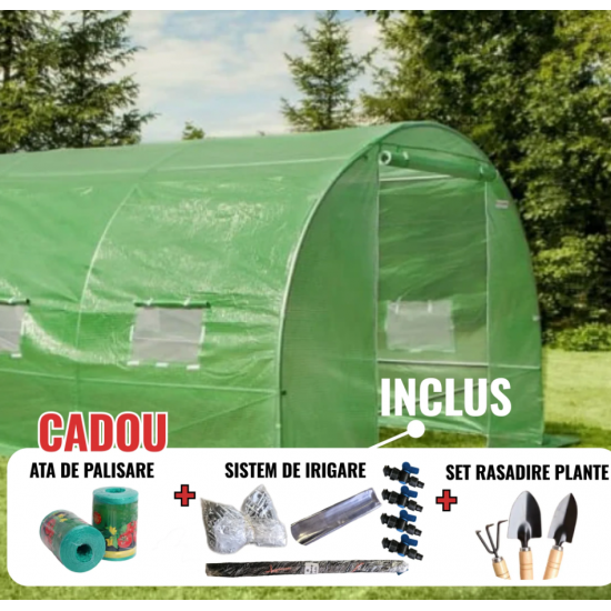 Solar legume 4 x 10 x 2.30m, folie 180g/m2 : Cadou Sistem de irigare + Ata palisare + Set rasadire plante