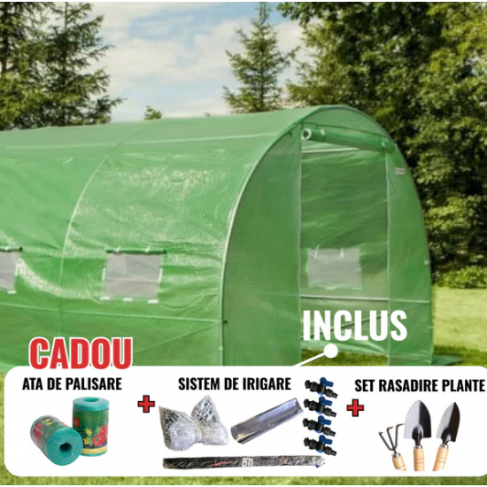 Solar legume 4 x 12 x 2.30m, folie 180g/m2 : Cadou Sistem de irigare + Ata palisare + Set rasadire plante