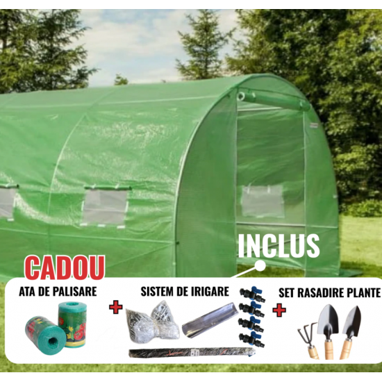 Solar legume 4 x 8 x 2.30m, folie 180g/m2 : Cadou Sistem de irigare + Ata palisare + Set rasadire
