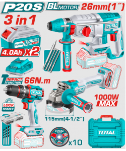 TOTAL - KIT COMBO 20V -4.0Ah - MASINA DE GAURIT CU IMPACT, POLIZOR UNGHIULAR , CIOCAN ROTOPERCUTOR (