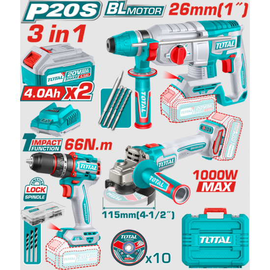 TOTAL - KIT COMBO 20V -4.0Ah - MASINA DE GAURIT CU IMPACT, POLIZOR UNGHIULAR , CIOCAN ROTOPERCUTOR (