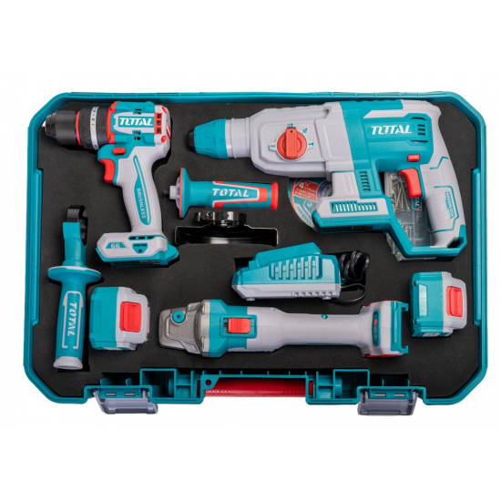 TOTAL - KIT COMBO 20V -4.0Ah - MASINA DE GAURIT CU IMPACT, POLIZOR UNGHIULAR , CIOCAN ROTOPERCUTOR (