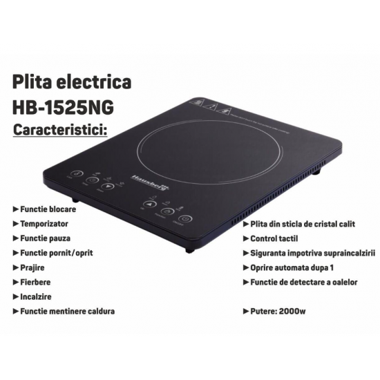 Plita cu inductie Hausberg HB-1525NG, 2000W, Touch control, o zona de gatit, Negru