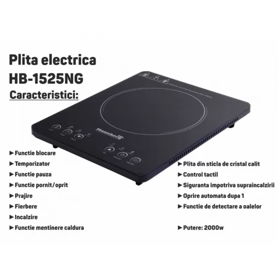 Plita cu inductie Hausberg HB-1525NG, 2000W, Touch control, o zona de gatit, Negru Plita cu inductie Hausberg HB-1525NG, 2000W, Touch control, o zona de gatit, Negru