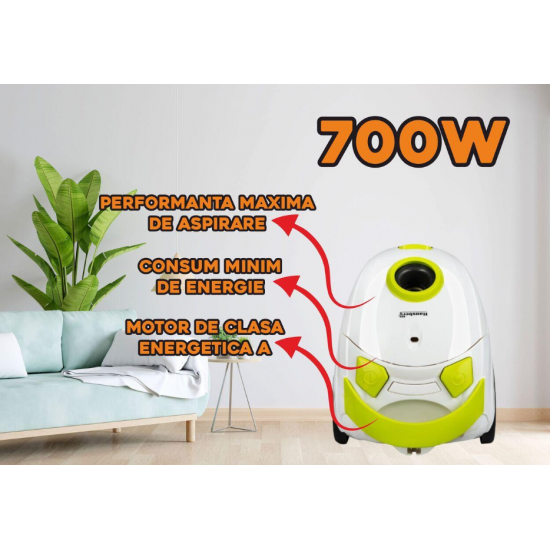 Aspirator cu sac Hausberg HB2080VR, 700W, Capacitate 1.5L - Alb/Verde
