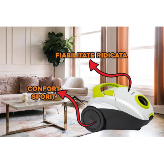 Aspirator cu sac Hausberg HB2080VR, 700W, Capacitate 1.5L - Alb/Verde