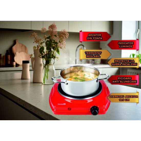 Plita electrica Hausberg HB-519RS, Rosu, 1 arzator, Putere 1500W, Termostat