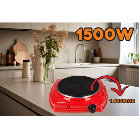 Plita electrica Hausberg HB-519RS, Rosu, 1 arzator, Putere 1500W, Termostat