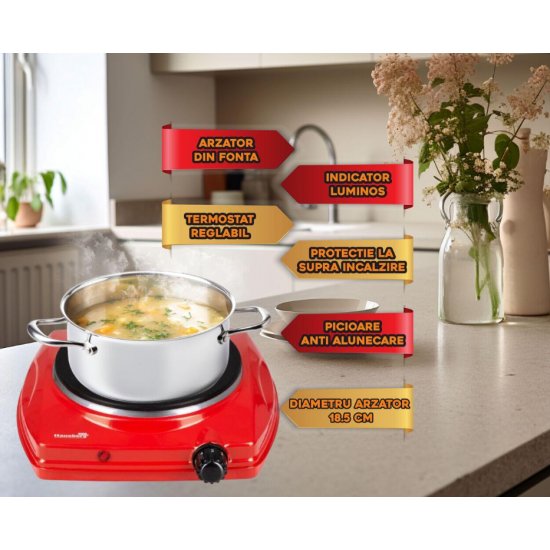 Plita electrica Hausberg HB-519RS, Rosu, 1 arzator, Putere 1500W, Termostat