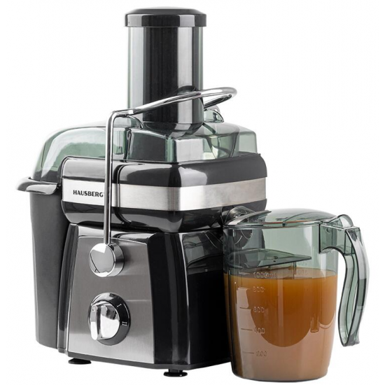 Storcator de fructe si legume Hausberg HB-7540, 1000 W, 2 viteze, recipient pulpa 1 l, recipient suc 1 l, accesoriu impingere, negru + argintiu