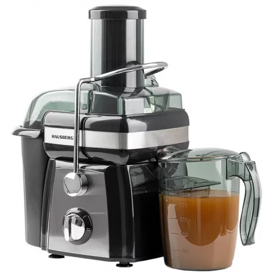 Storcator de fructe si legume Hausberg HB-7540, 1000 W, 2 viteze, recipient pulpa 1 l, recipient suc 1 l, accesoriu impingere, negru + argintiu Storcator de fructe si legume Hausberg HB-7540, 1000 W, 2 viteze, recipient pulpa 1 l, recipient suc 1 l, accesoriu impingere, negru + argintiu