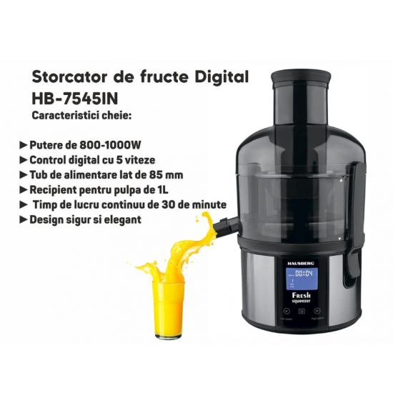 Storcator de fructe Digital HAUSBERG HB-7545IN, 800-1000W, 85mm, 1L Pulpa, 5 Viteze, Otel inoxidabil Negru/Inox