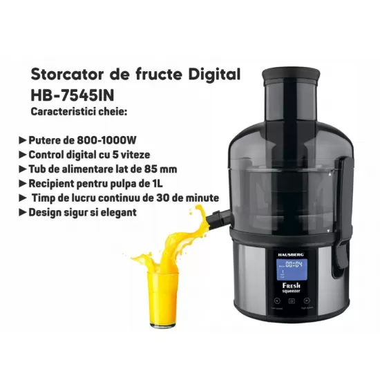 Storcator de fructe Digital HAUSBERG HB-7545IN, 800-1000W, 85mm, 1L Pulpa, 5 Viteze, Otel inoxidabil Negru/Inox Storcator de fructe Digital HAUSBERG HB-7545IN, 800-1000W, 85mm, 1L Pulpa, 5 Viteze, Otel inoxidabil Negru/Inox