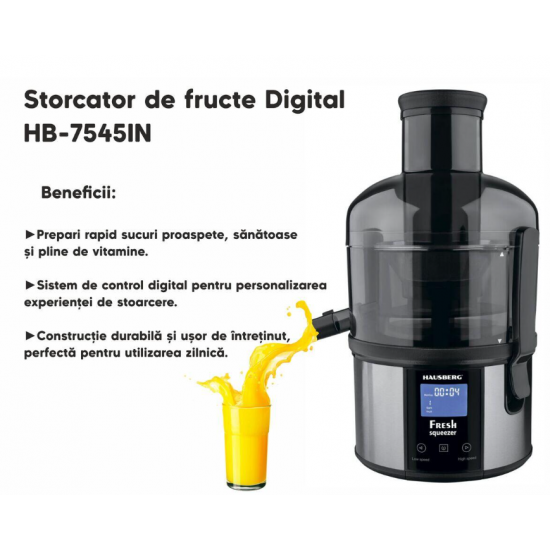 Storcator de fructe Digital HAUSBERG HB-7545IN, 800-1000W, 85mm, 1L Pulpa, 5 Viteze, Otel inoxidabil Negru/Inox
