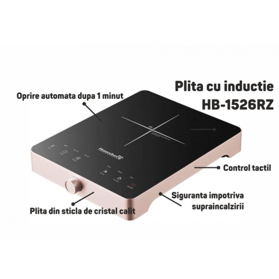 Plita cu inductie - Hausberg HB-1526RZ, Roz, 2000W, control tactil, o zona de gatit