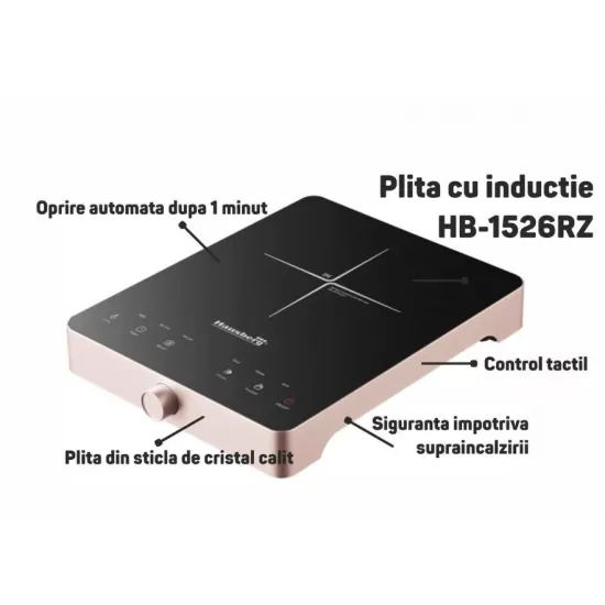 Plita cu inductie - Hausberg HB-1526RZ, Roz, 2000W, control tactil, o zona de gatit Plita cu inductie - Hausberg HB-1526RZ, Roz, 2000W, control tactil, o zona de gatit