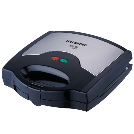 Sandwich maker 3 in 1 HAUSBERG HB-3514IN, 700-800 W, 3 placi detasabile anti-aderente, Termostat, Negru/Inox