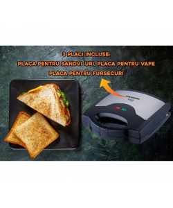 Sandwich maker 3 in 1 HAUSBERG HB-3514IN, 700-800 W, 3 placi detasabile anti-aderente, Termostat, Negru/Inox
