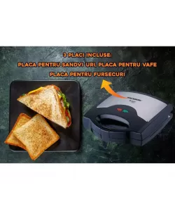 Sandwich maker 3 in 1 HAUSBERG HB-3514IN, 700-800 W, 3 placi detasabile anti-aderente, Termostat, Negru/Inox