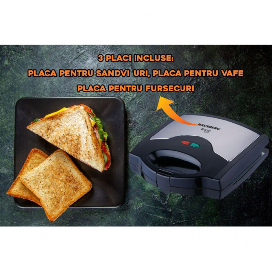Sandwich maker 3 in 1 HAUSBERG HB-3514IN, 700-800 W, 3 placi detasabile anti-aderente, Termostat, Negru/Inox