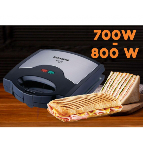 Sandwich maker 3 in 1 HAUSBERG HB-3514IN, 700-800 W, 3 placi detasabile anti-aderente, Termostat, Negru/Inox