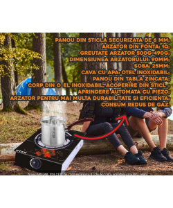 Aragaz ERTONE MN-1101 din sticla securizata, 1 ochi din fonta, aprindere pe quartz, negru