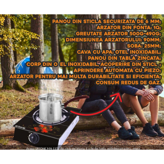 Aragaz ERTONE MN-1101 din sticla securizata, 1 ochi din fonta, aprindere pe quartz, negru