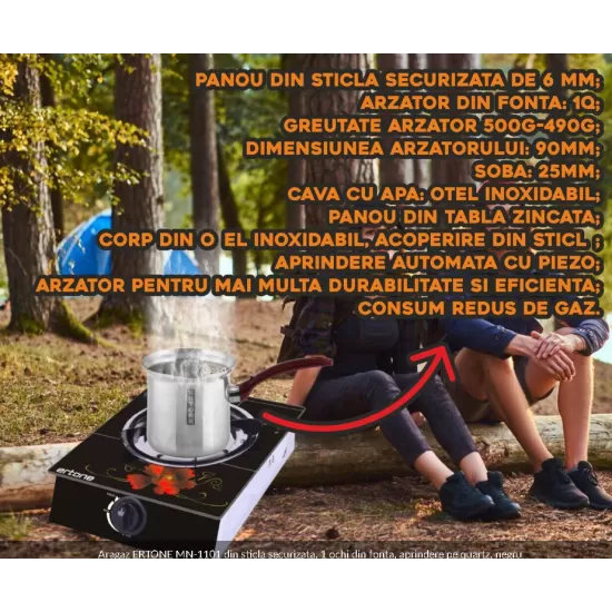 Aragaz ERTONE MN-1101 din sticla securizata, 1 ochi din fonta, aprindere pe quartz, negru Aragaz ERTONE MN-1101 din sticla securizata, 1 ochi din fonta, aprindere pe quartz, negru