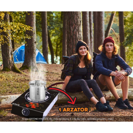 Aragaz ERTONE MN-1101 din sticla securizata, 1 ochi din fonta, aprindere pe quartz, negru