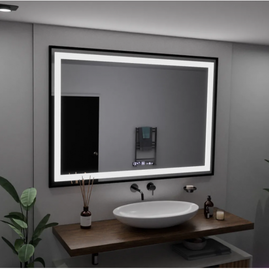 Oglinda LED Rectangulara, 100x65cm, Verite Majeste Noir Motion Glow Marcello, Sistem Dezaburire, Ceas & Termometru, Dimabila