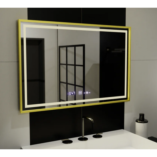 Oglinda LED Rectangulara, 120x80cm, Verite Royale Gold MotionGlow Marcello, Sistem Dezaburire, Ceas & Termometru, Dimabila