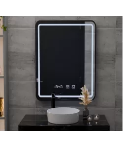 Oglinda LED Touch Karl Sistem Dezaburire, Ceas si Temperatura 50x70 cm Rama Negru Brushed Oglinda LED Touch Karl Sistem Dezaburire, Ceas si Temperatura 50x70 cm Rama Negru Brushed