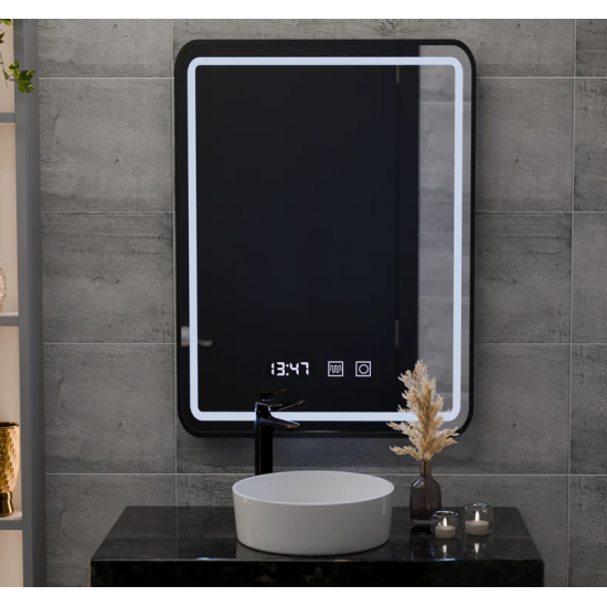 Oglinda LED Touch Karl Sistem Dezaburire, Ceas si Temperatura 50x70 cm Rama Negru Brushed