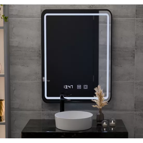 Oglinda LED Touch Karl Sistem Dezaburire, Ceas si Temperatura 50x70 cm Rama Negru Brushed Oglinda LED Touch Karl Sistem Dezaburire, Ceas si Temperatura 50x70 cm Rama Negru Brushed