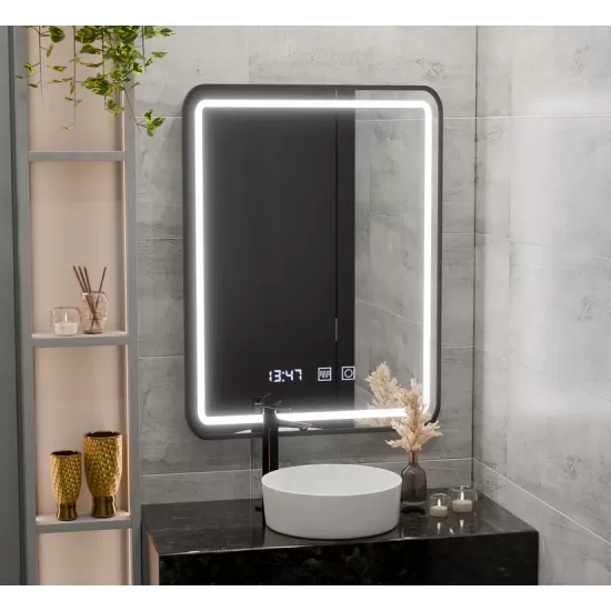 Oglinda LED Touch Karl Sistem Dezaburire, Ceas si Temperatura 50x70 cm Rama Negru Brushed Oglinda LED Touch Karl Sistem Dezaburire, Ceas si Temperatura 50x70 cm Rama Negru Brushed
