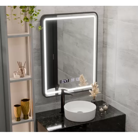 Oglinda LED Touch Karl Sistem Dezaburire, Ceas si Temperatura 50x70 cm Rama Negru Brushed Oglinda LED Touch Karl Sistem Dezaburire, Ceas si Temperatura 50x70 cm Rama Negru Brushed