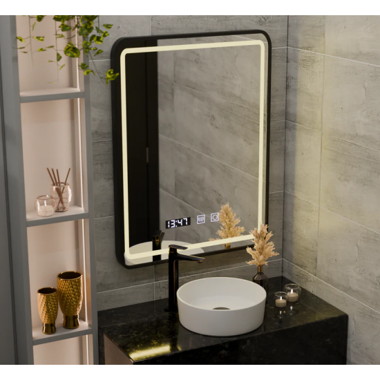 Oglinda LED Touch Karl Sistem Dezaburire, Ceas si Temperatura 50x70 cm Rama Negru Brushed