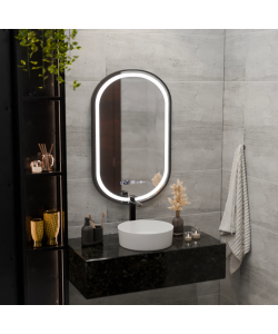 Oglinda LED Senzor Helmut Sistem Dezaburire, Ceas si Temperatura 50x80 cm Rama Negru Brushed Marcello Funghi