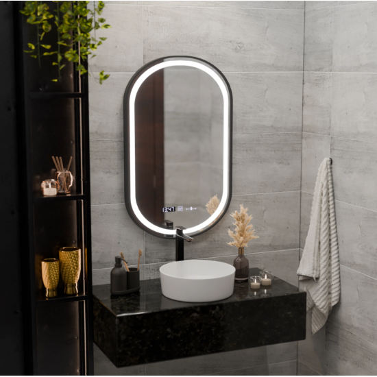 Oglinda LED Senzor Helmut Sistem Dezaburire, Ceas si Temperatura 50x80 cm Rama Negru Brushed Marcello Funghi