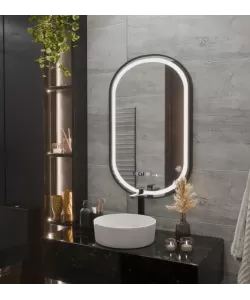 Oglinda LED Senzor Helmut Sistem Dezaburire, Ceas si Temperatura 50x80 cm Rama Negru Brushed Marcello Funghi