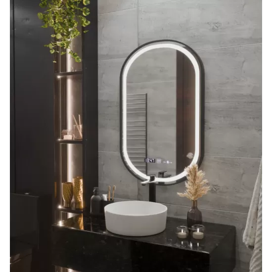 Oglinda LED Senzor Helmut Sistem Dezaburire, Ceas si Temperatura 50x80 cm Rama Negru Brushed Marcello Funghi Oglinda LED Senzor Helmut Sistem Dezaburire, Ceas si Temperatura 50x80 cm Rama Negru Brushed Marcello Funghi