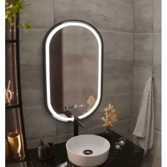 Oglinda LED Senzor Helmut Sistem Dezaburire, Ceas si Temperatura 50x80 cm Rama Negru Brushed Marcello Funghi Oglinda LED Senzor Helmut Sistem Dezaburire, Ceas si Temperatura 50x80 cm Rama Negru Brushed Marcello Funghi
