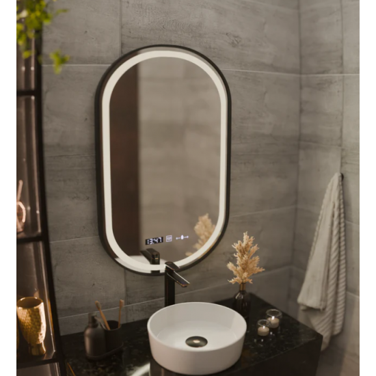Oglinda LED Senzor Helmut Sistem Dezaburire, Ceas si Temperatura 50x80 cm Rama Negru Brushed Marcello Funghi