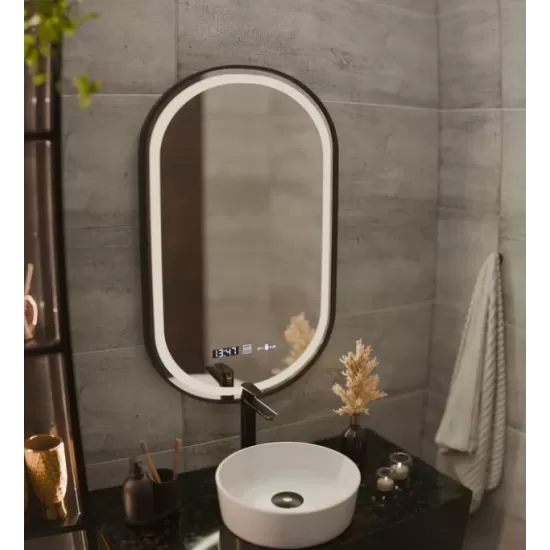 Oglinda LED Senzor Helmut Sistem Dezaburire, Ceas si Temperatura 50x80 cm Rama Negru Brushed Marcello Funghi Oglinda LED Senzor Helmut Sistem Dezaburire, Ceas si Temperatura 50x80 cm Rama Negru Brushed Marcello Funghi
