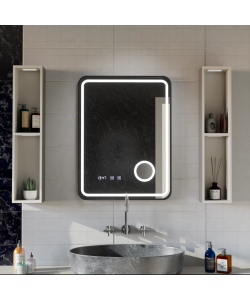 Oglinda LED Touch Ulrich Sistem Dezaburire, Ceas si Temperatura 60x80 cm Rama Negru Brushed Lupa Cosmetica