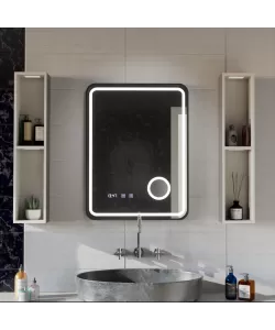 Oglinda LED Touch Ulrich Sistem Dezaburire, Ceas si Temperatura 60x80 cm Rama Negru Brushed Lupa Cosmetica Oglinda LED Touch Ulrich Sistem Dezaburire, Ceas si Temperatura 60x80 cm Rama Negru Brushed Lupa Cosmetica