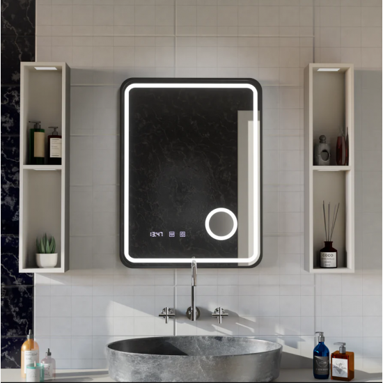 Oglinda LED Touch Ulrich Sistem Dezaburire, Ceas si Temperatura 60x80 cm Rama Negru Brushed Lupa Cosmetica