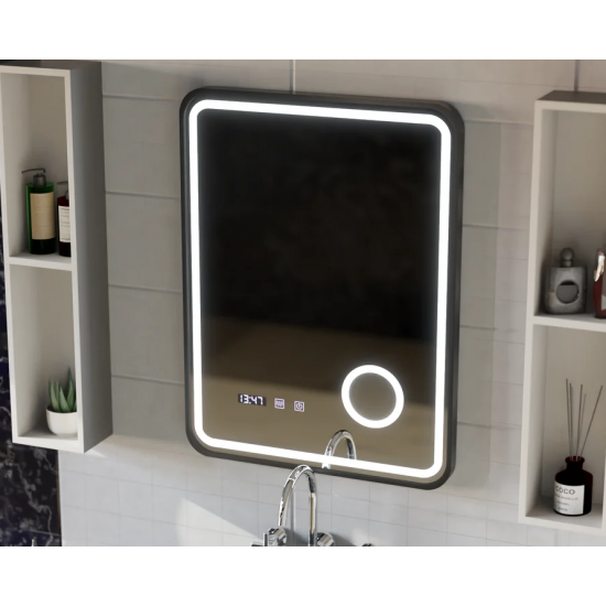 Oglinda LED Touch Ulrich Sistem Dezaburire, Ceas si Temperatura 60x80 cm Rama Negru Brushed Lupa Cosmetica